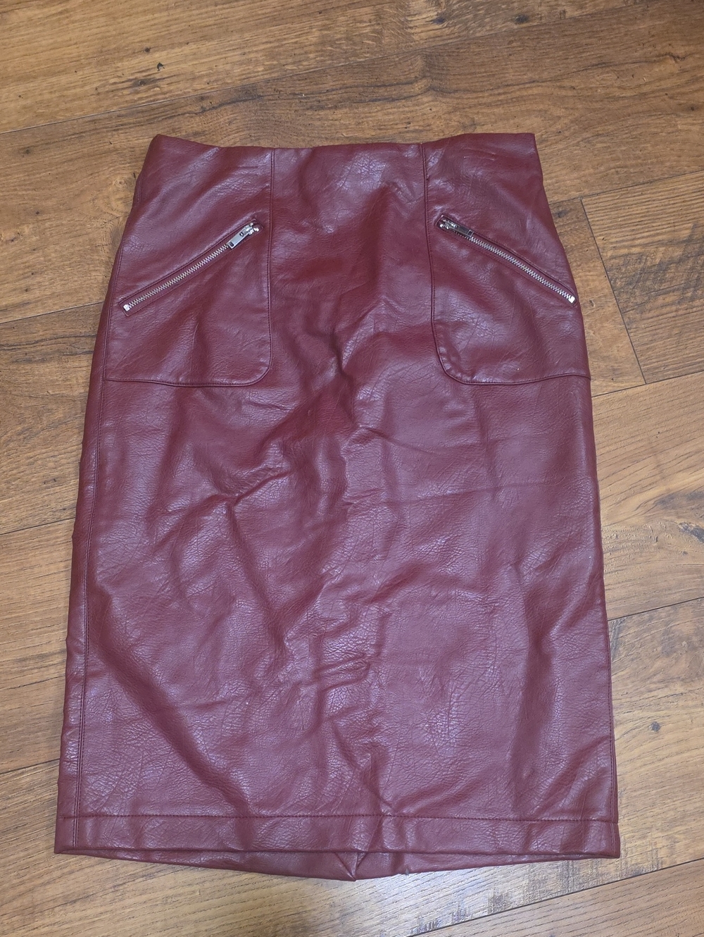 Catherine Malandrino Burgundy Faux Leather Pencil Skirt with Zip Pockets